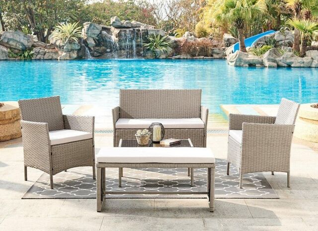 Home Detail Maya Rattan Garden 5pc Furniture Set with Bench & Coffee Table in Grey - image 1
