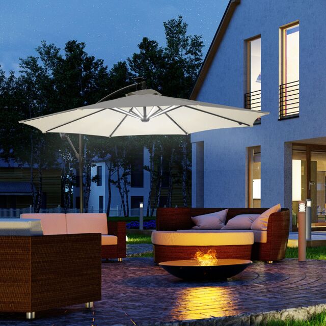 OUTSUNNY 3(m) LED Patio Banana Umbrella Cantilever Parasol w/ Crank in Cream