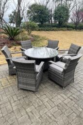Fimous Rattan Dining Set Table & Chair Sets PE Wicker Patio Outdoor 6 Chairs Plus Round Table in Dark Grey - thumbnail 6