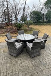 Fimous Rattan Dining Set Table & Chair Sets PE Wicker Patio Outdoor 6 Chairs Plus Round Table in Dark Grey - thumbnail 4