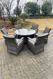 Fimous Rattan Dining Set Table & Chair Sets PE Wicker Patio Outdoor 6 Chairs Plus Round Table in Dark Grey - thumbnail 5