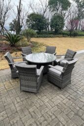 Fimous Rattan Dining Set Table & Chair Sets PE Wicker Patio Outdoor 6 Chairs Plus Round Table in Dark Grey - thumbnail 3