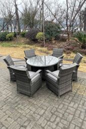 Fimous Rattan Dining Set Table & Chair Sets PE Wicker Patio Outdoor 6 Chairs Plus Round Table in Dark Grey - thumbnail 2