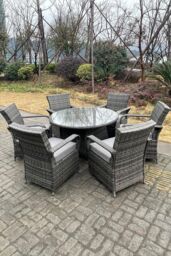 Fimous Rattan Dining Set Table & Chair Sets PE Wicker Patio Outdoor 6 Chairs Plus Round Table in Dark Grey