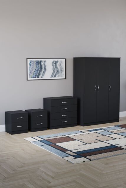 Home Discount Vida Designs 4Pc Bedroom Set 2xBedside, 4 Drawer Chest, 3 Dr Wardrobe in Black - image 1