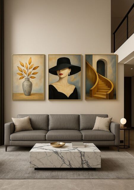 Mafett Women's Set of 3 Framed Wall Art Prints Golden Leaves Woman Staircase - Size: A2