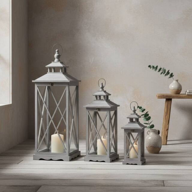 Wyld Haus Set of Three Grey Wooden Lanterns Glass Panels & Cross Frame Design - image 1