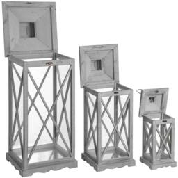 Wyld Haus Set of Three Grey Wooden Lanterns Glass Panels & Cross Frame Design - thumbnail 4