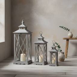 Wyld Haus Set of Three Grey Wooden Lanterns Glass Panels & Cross Frame Design - thumbnail 1