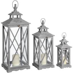 Wyld Haus Set of Three Grey Wooden Lanterns Glass Panels & Cross Frame Design - thumbnail 2
