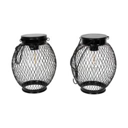 ValueLights Black Metal Mesh Cage Solar Powered Outdoor 2 Pack Garden Lantern Lights - thumbnail 2