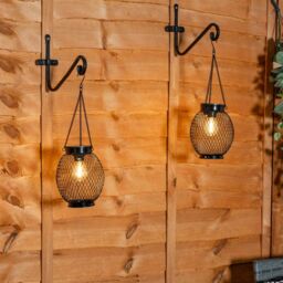 ValueLights Black Metal Mesh Cage Solar Powered Outdoor 2 Pack Garden Lantern Lights - thumbnail 1