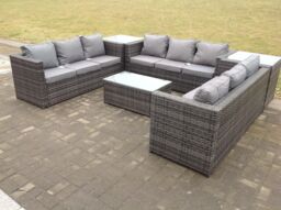 Fimous Outdoor Rattan Garden Furniture Lounge Sofa Set With Oblong Coffee Table & 2 Side Tall Table in Dark Grey - thumbnail 3