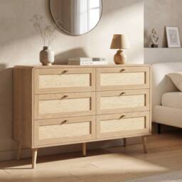 Merax Natural Oak Effect 6 Drawer Chest of Drawers with Rattan Fronts - thumbnail 4