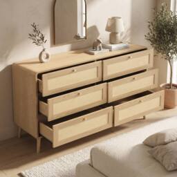 Merax Natural Oak Effect 6 Drawer Chest of Drawers with Rattan Fronts - thumbnail 1