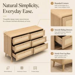 Merax Natural Oak Effect 6 Drawer Chest of Drawers with Rattan Fronts - thumbnail 8