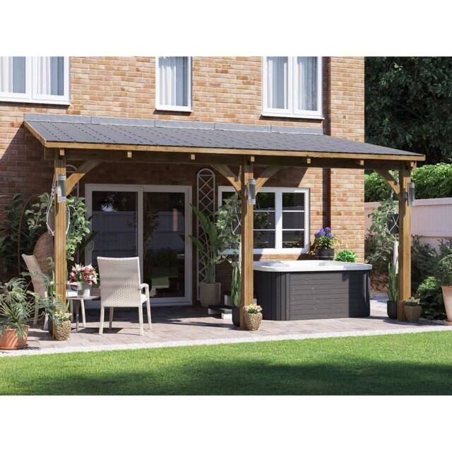 Dunster House Lean To Wooden Gazebo Canopy with Shingles 5m x 3m - Leviathan in Brown - image 1