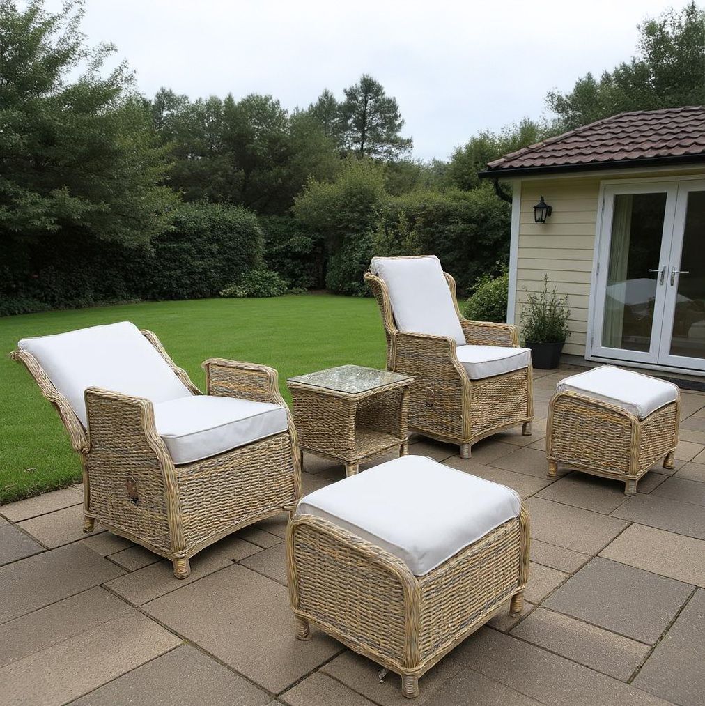 5-Piece Outdoor Patio Bistro Set With Ottoman - PE Wicker Chairs, Cushions & Round Table, Natural Beige