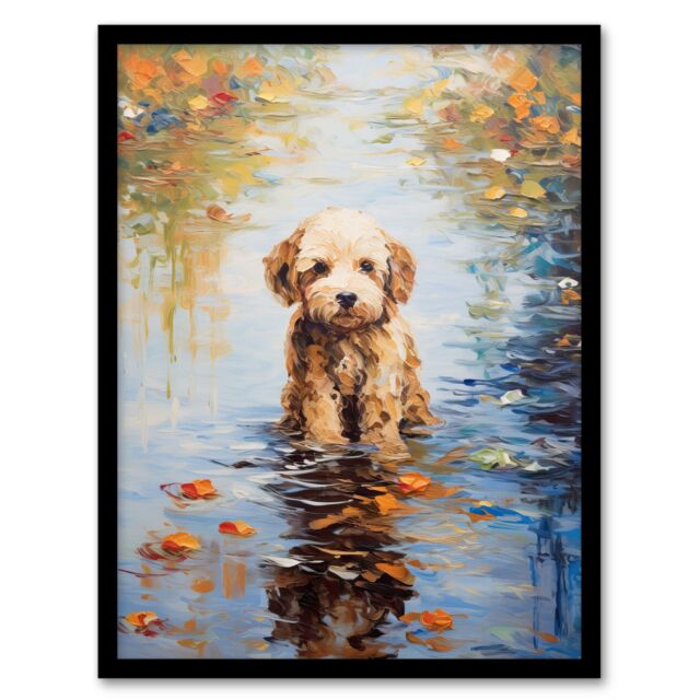 "Artery8 Wall Art Print Brown Cockapoo & Autumn Leaves In Lake Claude Monet Style Dog Oil Painting Art Framed in Black - Size: W12"" x H16""" - image 1