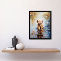 "Artery8 Wall Art Print Brown Cockapoo & Autumn Leaves In Lake Claude Monet Style Dog Oil Painting Art Framed in Black - Size: W12"" x H16""" - thumbnail 4