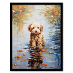 "Artery8 Wall Art Print Brown Cockapoo & Autumn Leaves In Lake Claude Monet Style Dog Oil Painting Art Framed in Black - Size: W12"" x H16""" - thumbnail 1