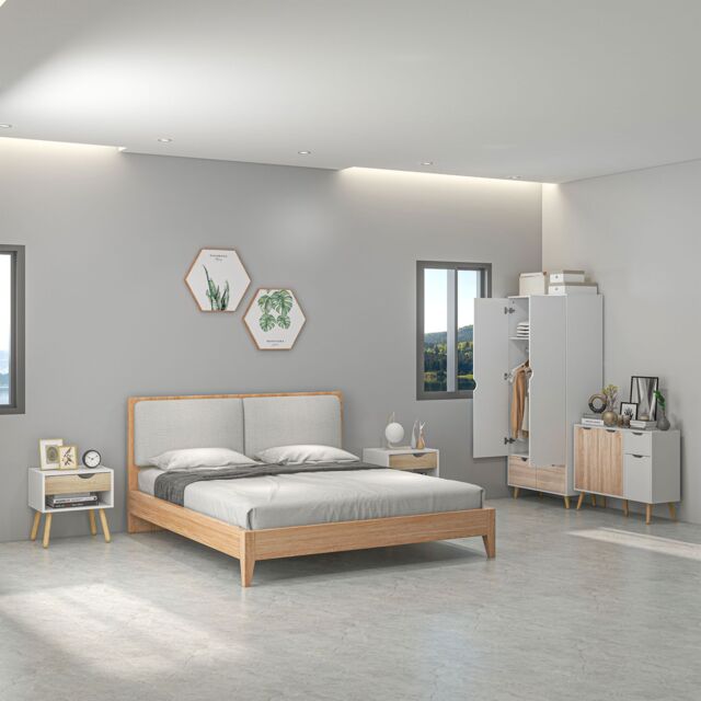 HOMCOM Wardrobe w/ Hanging Rod 1 Side Cabinet 2 Bedside Tables w/ Storage in Natural - image 1
