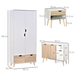 HOMCOM Wardrobe w/ Hanging Rod 1 Side Cabinet 2 Bedside Tables w/ Storage in Natural - thumbnail 3
