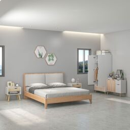 HOMCOM Wardrobe w/ Hanging Rod 1 Side Cabinet 2 Bedside Tables w/ Storage in Natural - thumbnail 1
