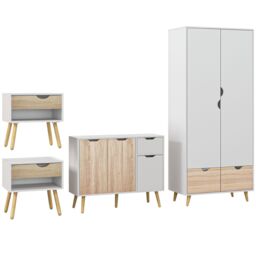 HOMCOM Wardrobe w/ Hanging Rod 1 Side Cabinet 2 Bedside Tables w/ Storage in Natural - thumbnail 2