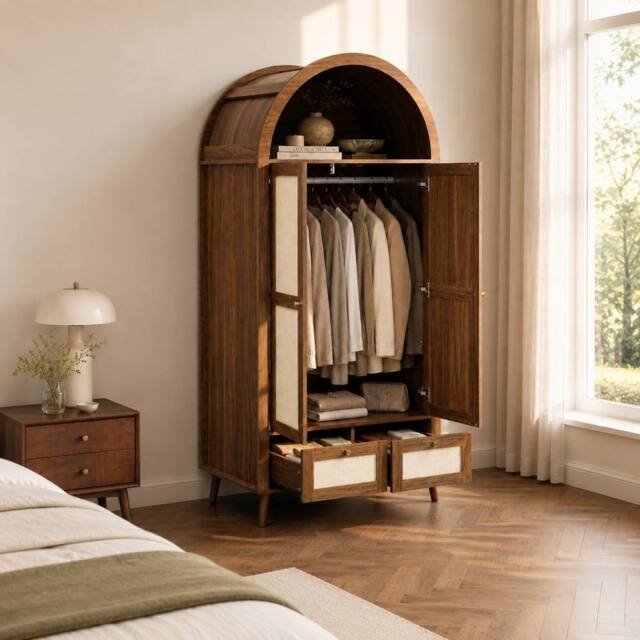 Merax Arched Double Door Wardrobe with 2 Rattan Effect Drawers in Walnut - image 1