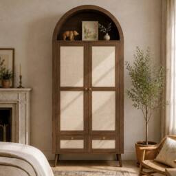 Merax Arched Double Door Wardrobe with 2 Rattan Effect Drawers in Walnut - thumbnail 4