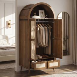 Merax Arched Double Door Wardrobe with 2 Rattan Effect Drawers in Walnut - thumbnail 5