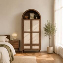 Merax Arched Double Door Wardrobe with 2 Rattan Effect Drawers in Walnut - thumbnail 2