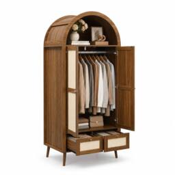 Merax Arched Double Door Wardrobe with 2 Rattan Effect Drawers in Walnut - thumbnail 9
