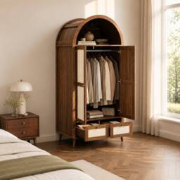 Merax Arched Double Door Wardrobe with 2 Rattan Effect Drawers in Walnut - thumbnail 1