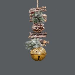 Shatchi Hanging Decoration with Jingle Bells Wooden Sticks, Berries & Pinecones Christmas Home Wall Door 33cm Golden in Gold