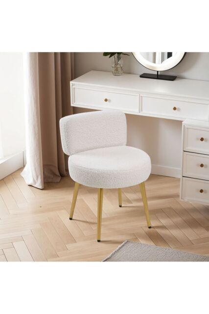 Living and Home Cream Faux Fur Vanity Stool Chair with Metal Legs in White - image 1
