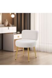 Living and Home Cream Faux Fur Vanity Stool Chair with Metal Legs in White - thumbnail 2