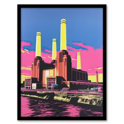 Artery8 Wall Art Print Battersea Power Station Pop Art Vibrant Pink Yellow Blue Framed Art - Size: A4 - thumbnail 1