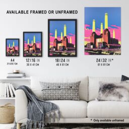 Artery8 Wall Art Print Battersea Power Station Pop Art Vibrant Pink Yellow Blue Framed Art - Size: A4 - thumbnail 3