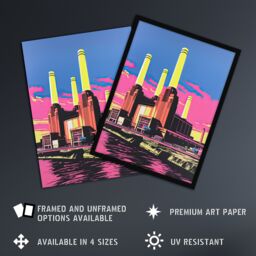 Artery8 Wall Art Print Battersea Power Station Pop Art Vibrant Pink Yellow Blue Framed Art - Size: A4 - thumbnail 2