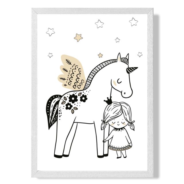 ARTZE Scandi Princess Little & Pegasus Framed Print SIZE: A3 with White Frame in Black - Size: A4 - image 1