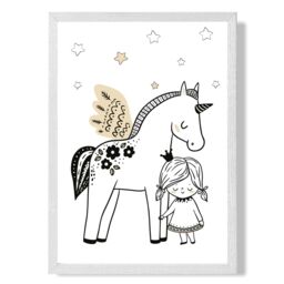 ARTZE Scandi Princess Little & Pegasus Framed Print SIZE: A3 with White Frame in Black - Size: A4 - thumbnail 1