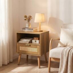 Direct Wicker MCM Rattan Nightstand with Gold Handles in Walnut Finish, 1 Piece - Size: 1 Pack