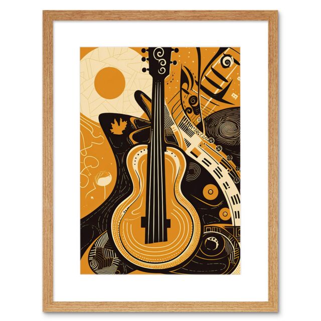 "Artery8 Wall Art Print Abstract Guitar Music Poster Graphic Artwork Framed 9X7 Inch in Beige - Size: W7"" x H9""" - image 1