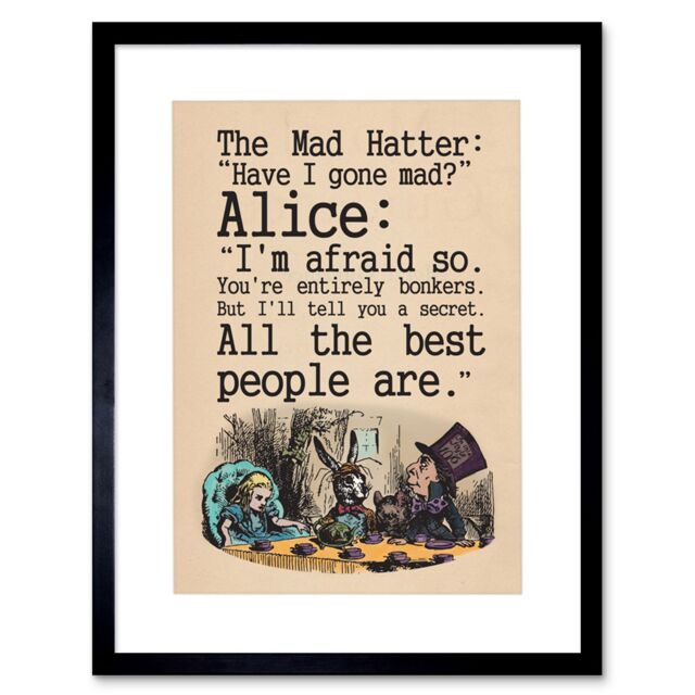 "Artery8 Wall Art Print Quote Carroll Book Alice Wonderland Mad Hatter Tea Party Artwork Framed 9X7 Inch in Black - Size: W7"" x H9""" - image 1