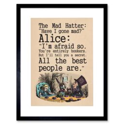 "Artery8 Wall Art Print Quote Carroll Book Alice Wonderland Mad Hatter Tea Party Artwork Framed 9X7 Inch in Black - Size: W7"" x H9""" - thumbnail 1