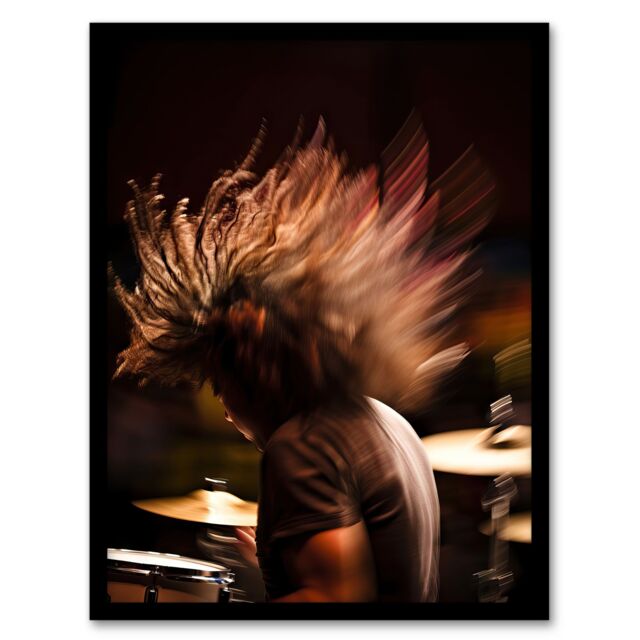 Artery8 Wall Art Print Drummer Action Photograph Mid-Performance Hard Rock Drums Music Gig Musician Art Framed in Brown - Size: A4 - image 1