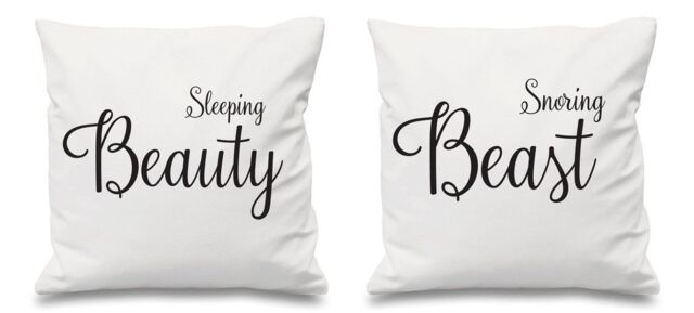 "60 SECOND MAKEOVER Sleeping Beauty Snoring Beast White Cushion Covers 16"" x 16"" Couples Cushions Valentines Anniversary Boyfriend"