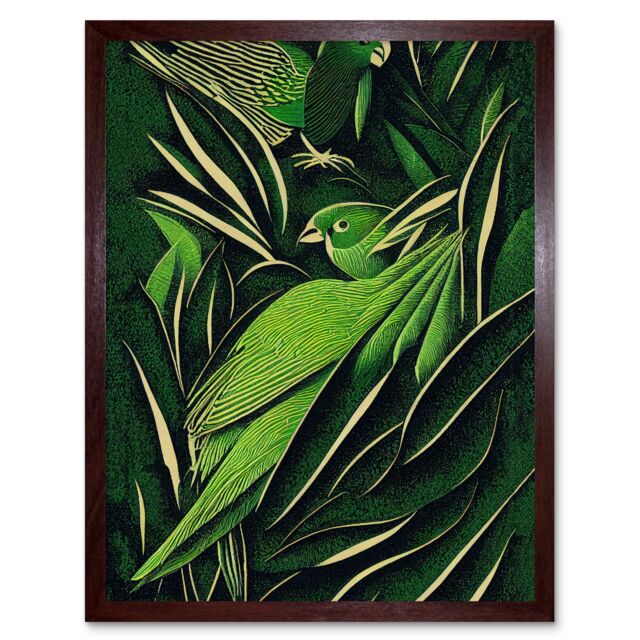 "Artery8 Wall Art Print Green Modern Vintage Retro Abstract Jungle Tropical Leaves Parrots Art Framed in Brown - Size: W12"" x H16""" - image 1